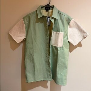 boohooMAN Men's Green and White Casual Button Down Shirt Faux Leather Brand New!